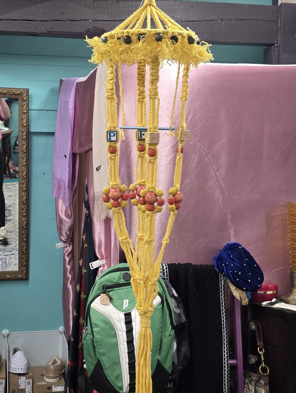 Vintage 70's Macrame Bird Perch Or Decoration Yellow Orange Beads Yarn